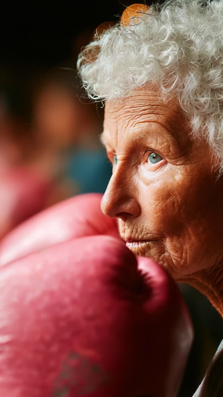 An Inspiring Elderly Woman in Boxing Gloves Demonstrates Strength and Determination, Emphasizing the Power of Resilience and Passion in Life's Challenges