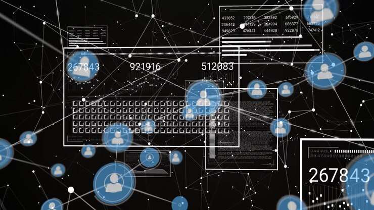 Hub appearing, avatars flowing to keyboard panels, counters changing, showing network growth