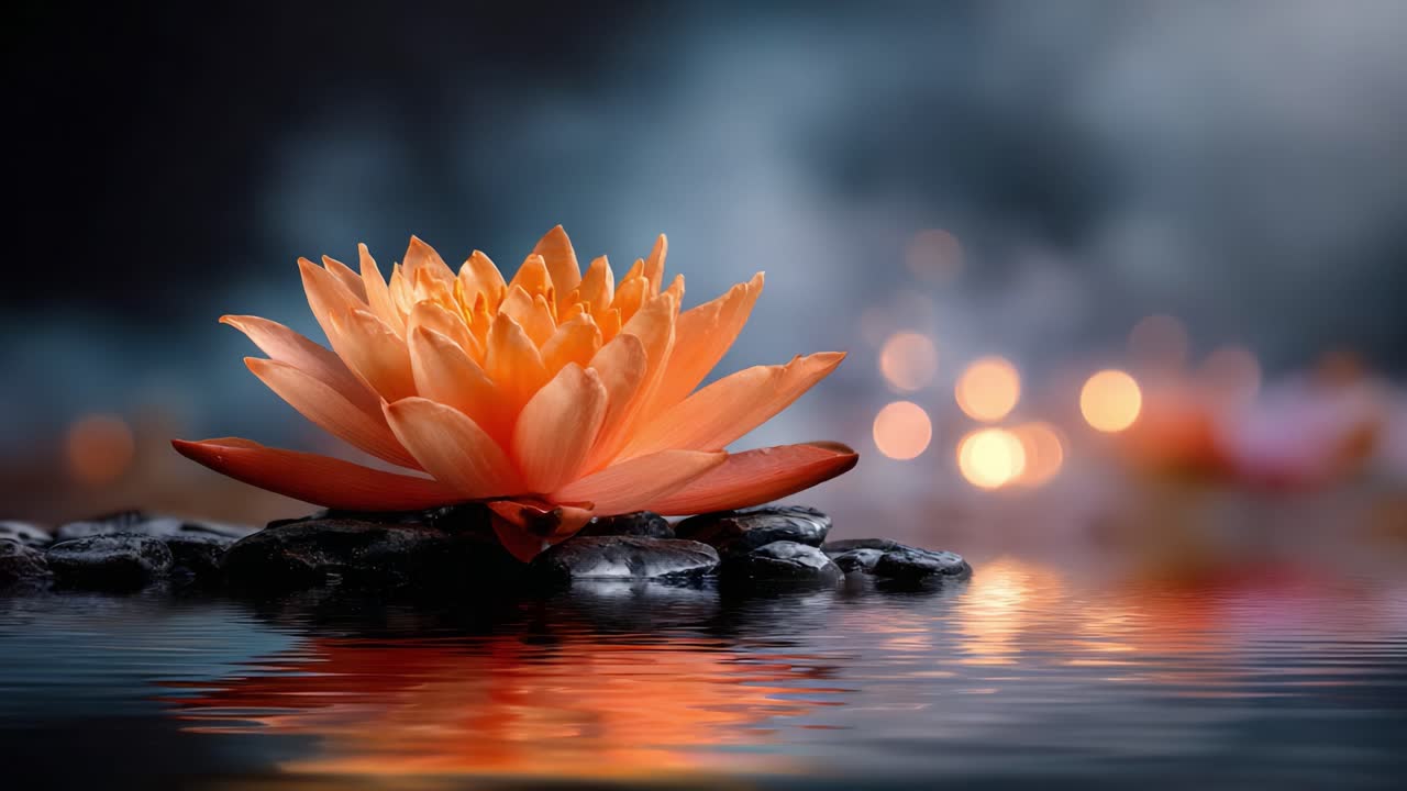 Graceful Water Lily Blossom Illuminated by Soft Reflections in Calm Waters, Surrounded by Dreamy Bokeh Background and Serene Stone Arrangement