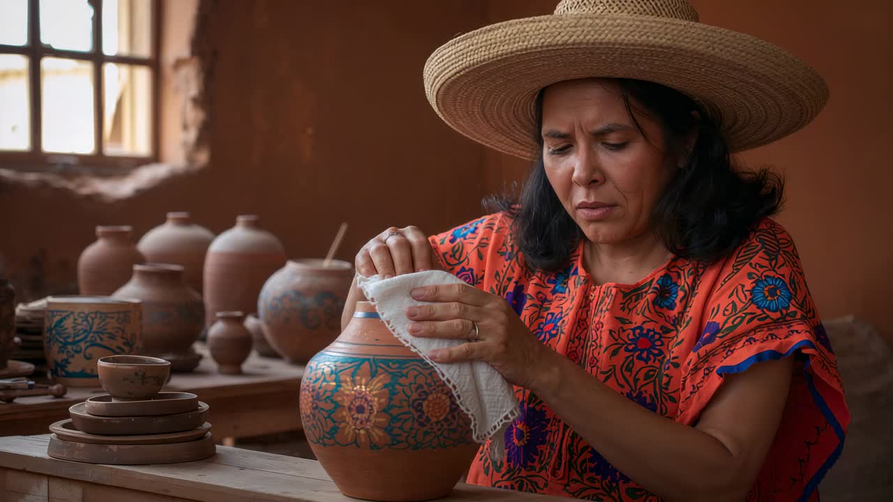 Reaching for white cloth straw-hat woman holding painted vase finishing polishing at workbench