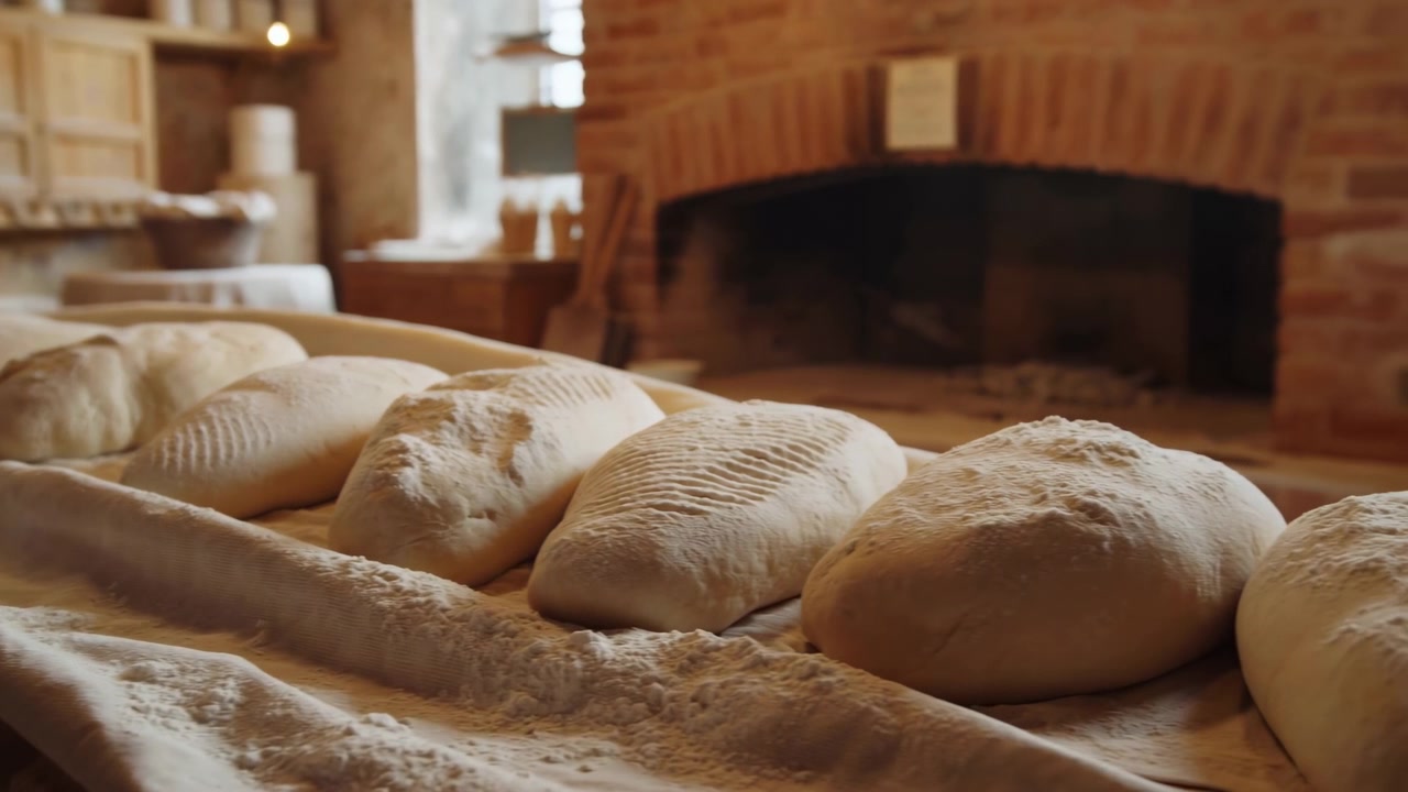 Soft unbaked loaves coated with flour fill the foreground while rightward camera movement follows their varied surfaces, with a brick hearth and wooden baking room softly blurred behind.
