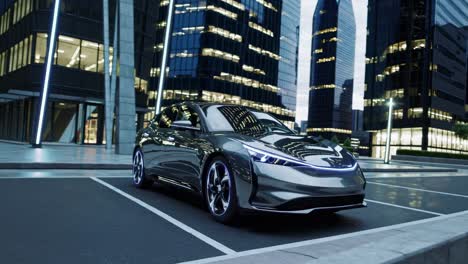 futuristic car in a cityscape at dusk, captured from a low-angle