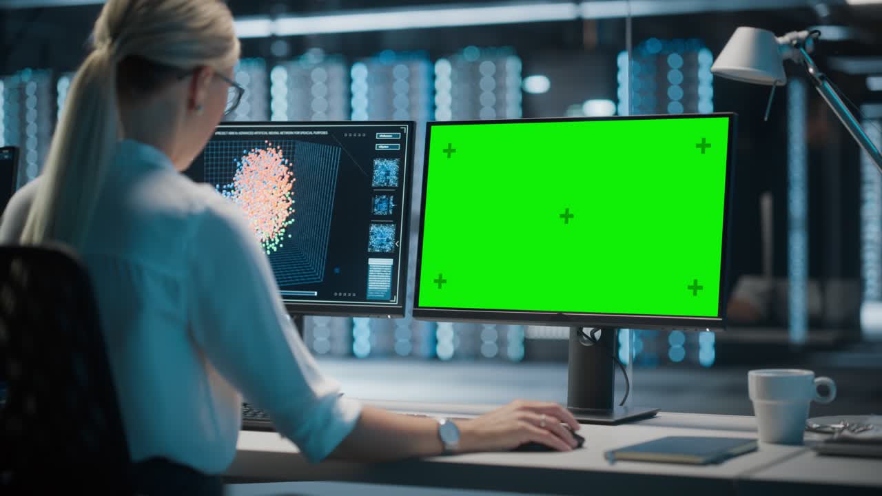 servidor de centro de datos de alta tecnología: especialista en ti femenina que trabaja en una computadora de pantalla verde. monitoreo de servicios web, computación en la nube, instalación de análisis, mantenimiento de seguridad cibernética
