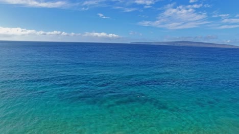 panning aerial shot of a snorkler in maui hawaii in beautiful blue water with sandy beach and land in background