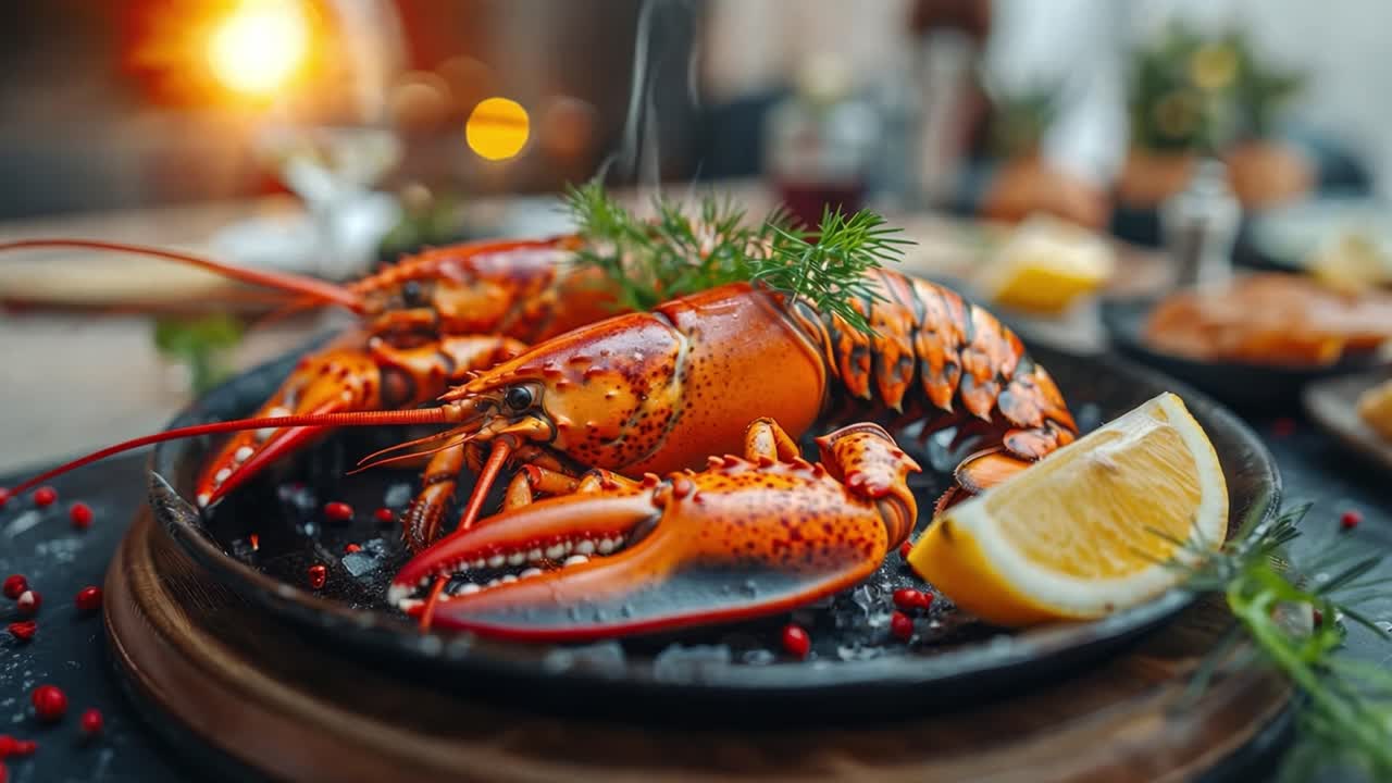 A plate of lobster with lemon and dill