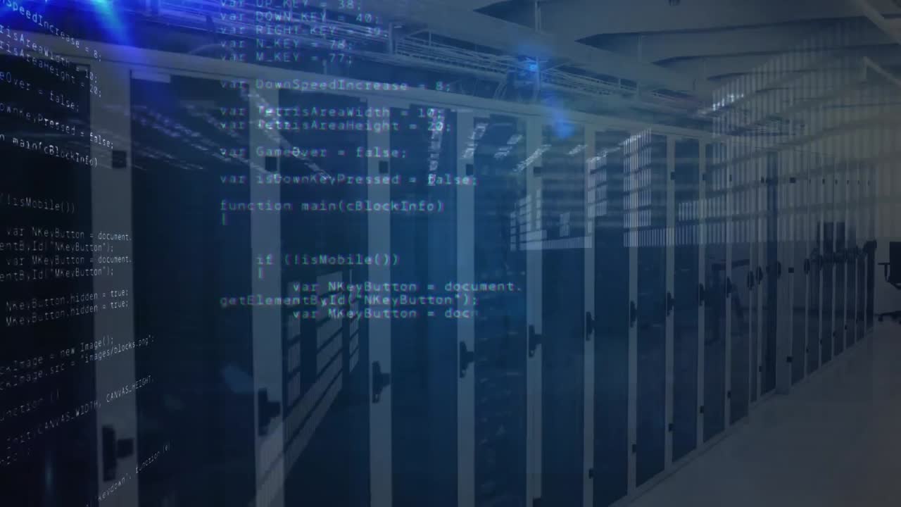 Animation of computer language, graphs and loading bars over lens flares against server room