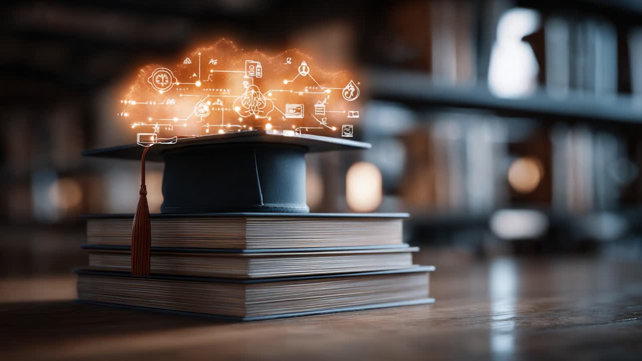 Illuminated Graduation Cap on Stack of Books, Representing Educational Advancement and the Integration of Technology in Learning with Icons of Knowledge and Innovation