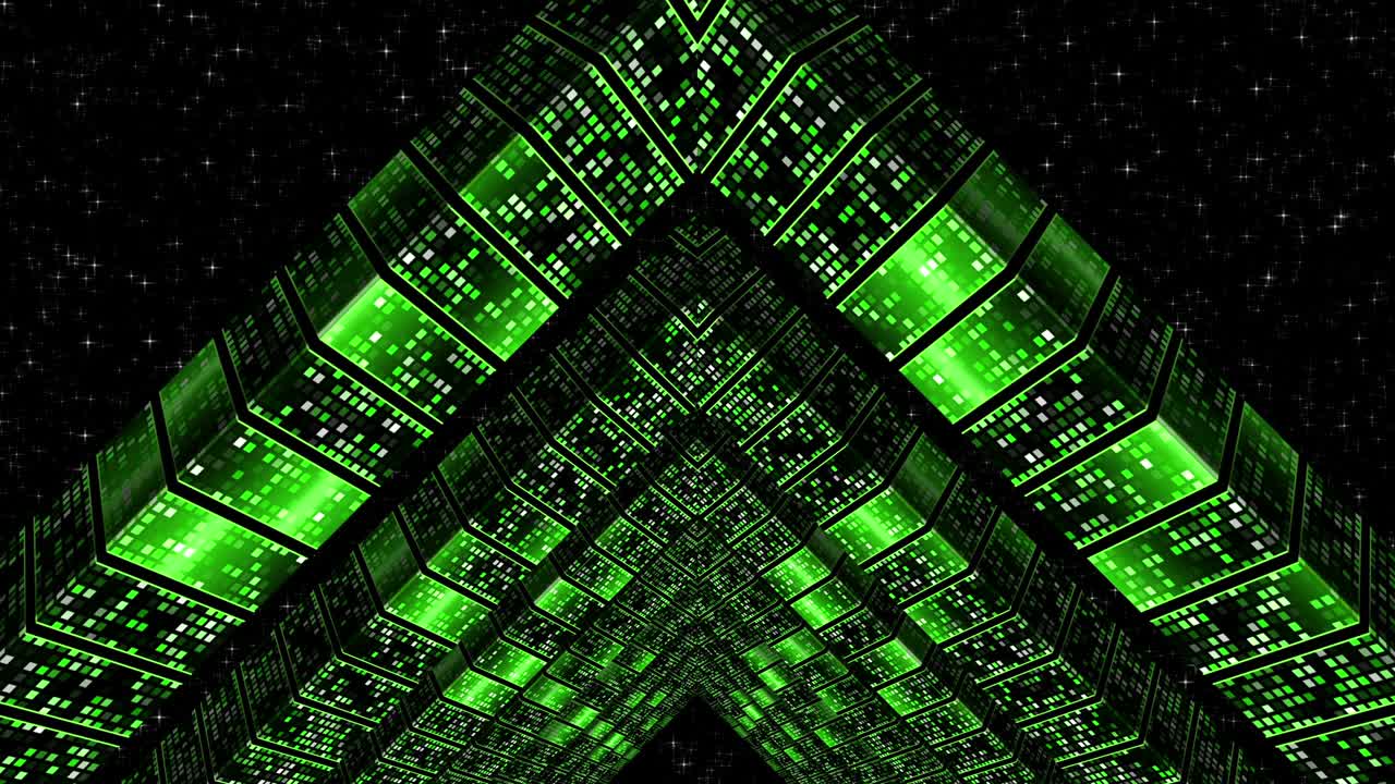 túnel musical de ecualizadores. un pasillo con paredes hechas de columnas inclinadas animadas. 4k. movimiento en espacio 3d abstracto.