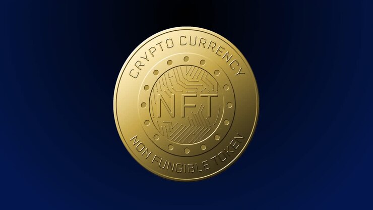 Animation of golden nft coin spinning on blue background