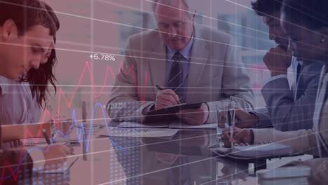 animation of statistical data processing over diverse businesspeople taking notes together at office