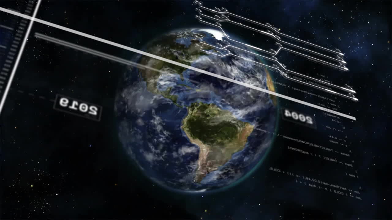 Animation of interface screen processing data over globe rotating in space