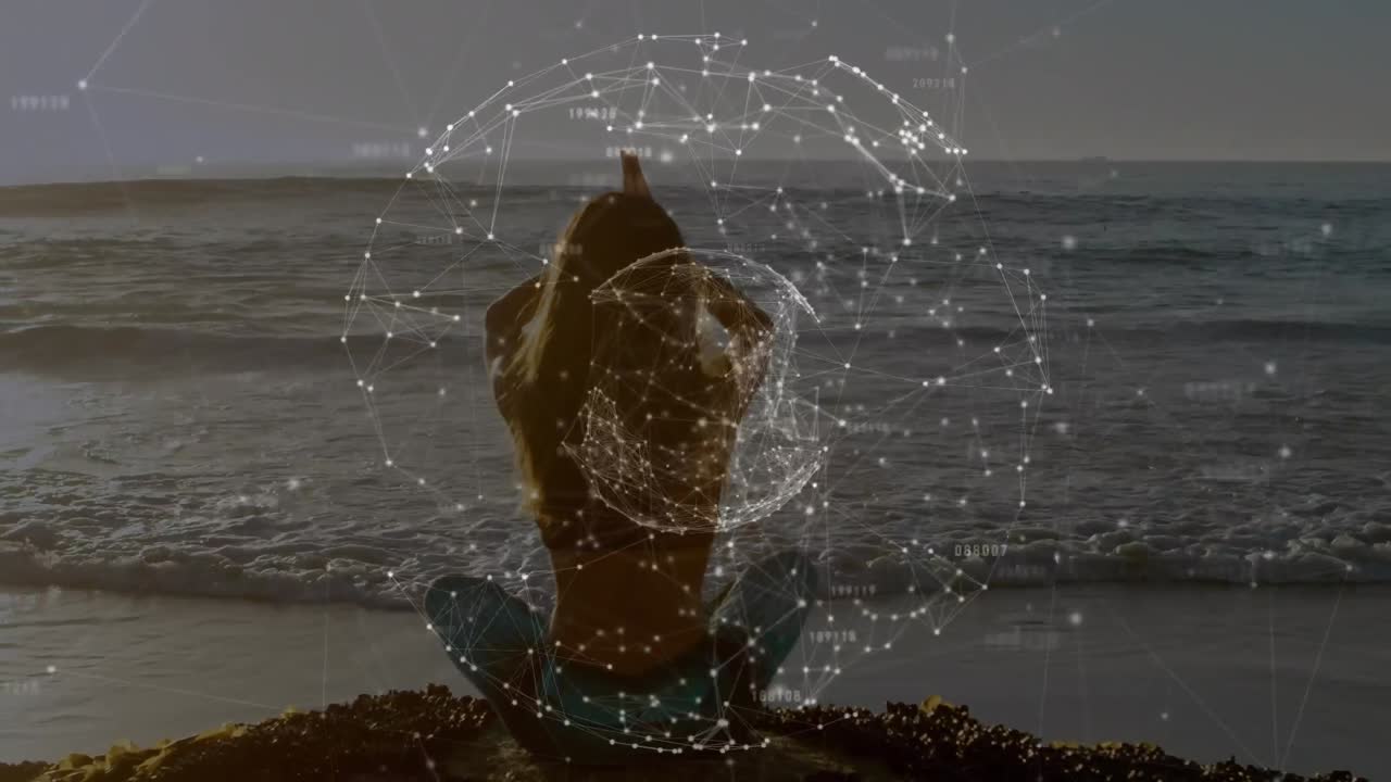 animación de redes de conexiones con el mundo sobre mujer caucásica practicando yoga en la playa