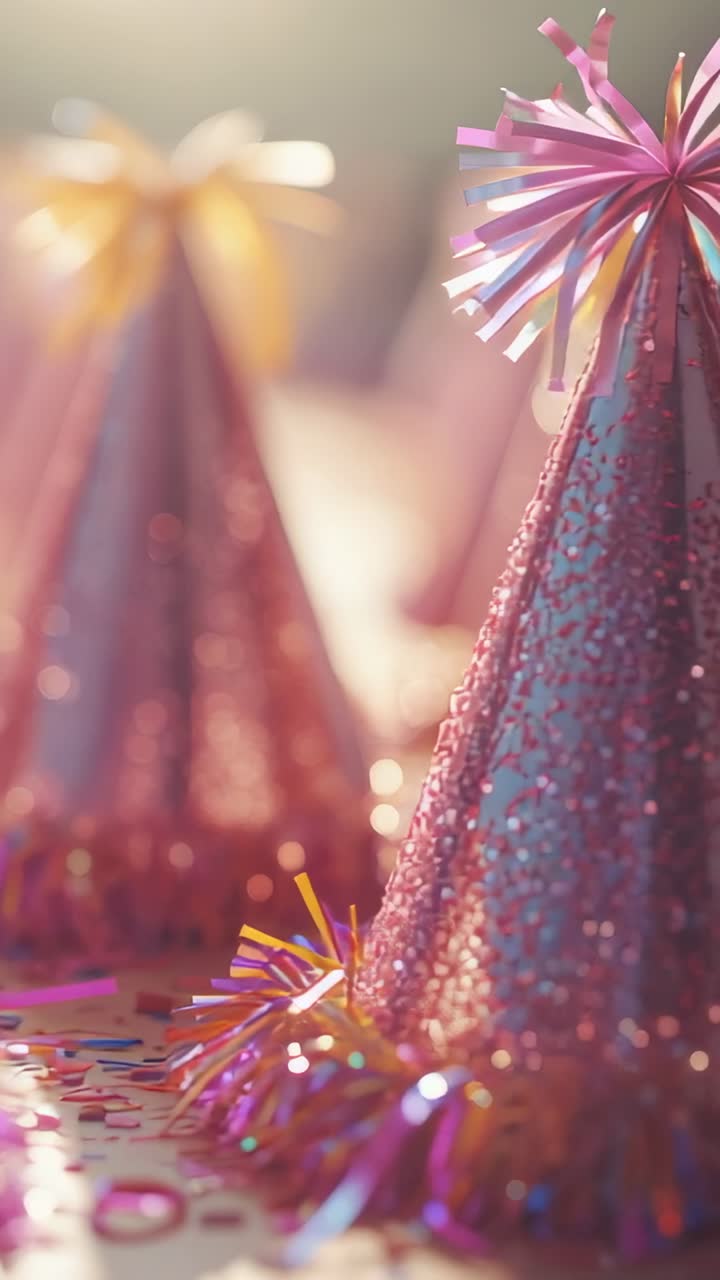 Vertical video: At start camera panning in confetti table showing glitter party hats with tinsel