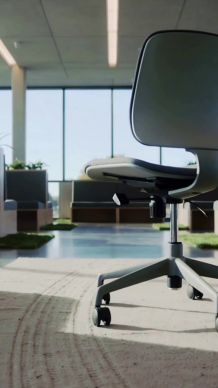Video verticale: Telecamera scorrevole che rivela una sedia girevole ergonomica in un'area lounge per ufficio, mostrando la rotella