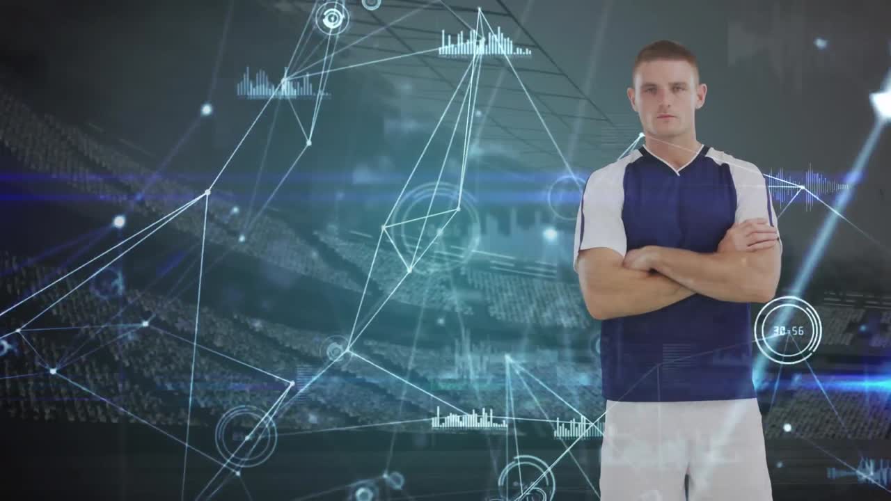 animación de procesamiento de datos y estadio sobre jugador de fútbol masculino caucásico