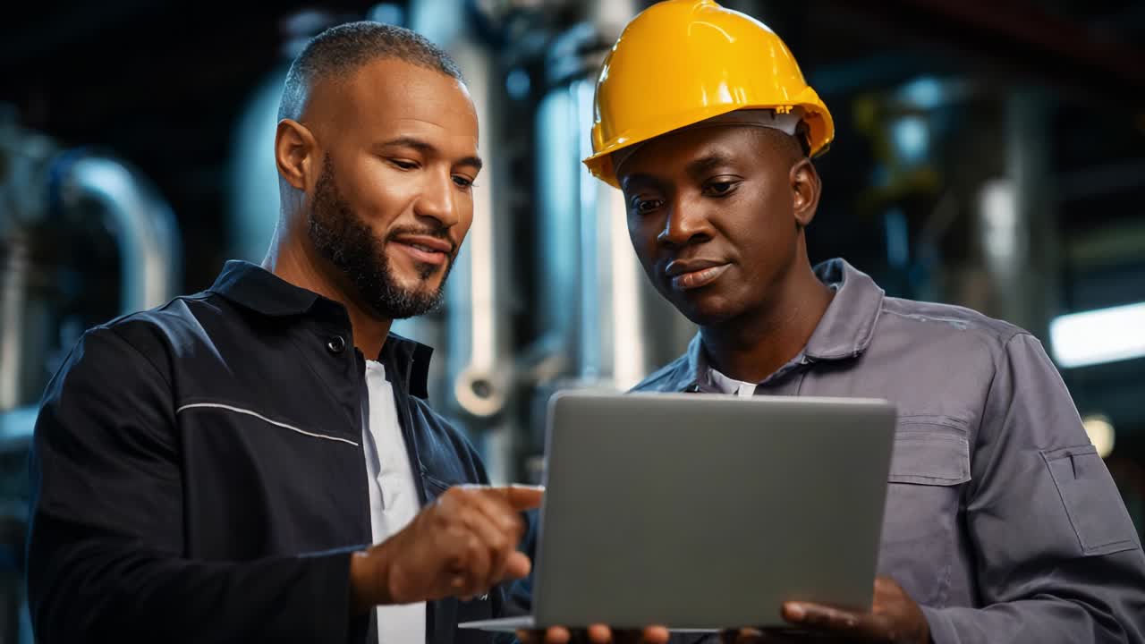 Collaborative Work Environment: Two Professionals Engaged in Discussion Over a Laptop in an Industrial Setting, Demonstrating Teamwork and Technology in Action for Efficient Problem Solving