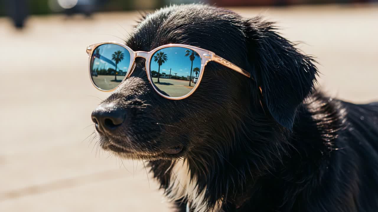 A Stylish Dog Enjoying a Sunny Day with Cool Sunglasses Reflecting Palm Trees, Capturing the Trendy Vibe of Outdoor Adventures and Summer Fun