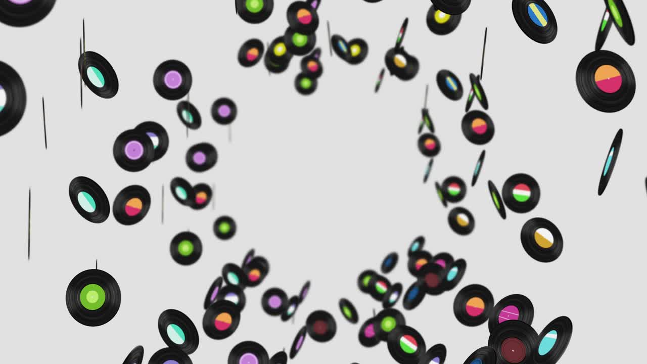 volando muchos discos de vinilo en fondo blanco. tecnología antigua. diseño retro. animación 3d de disco de música girando. animación de bucle.
