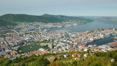 A-View-Of-The-City-Of-Bergen-Below-Are-The-Marinas-And-Large-Cruise-Ships-4k-Video