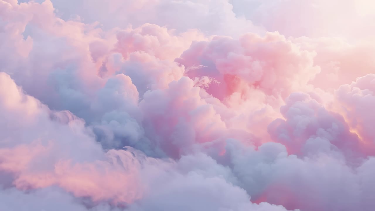 Shifting POV showing billowing pastel clouds drifting above layer, revealing pink core, wisps