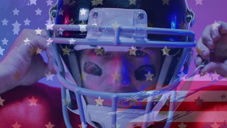 animation of caucasian american football player with ball and flag of usa