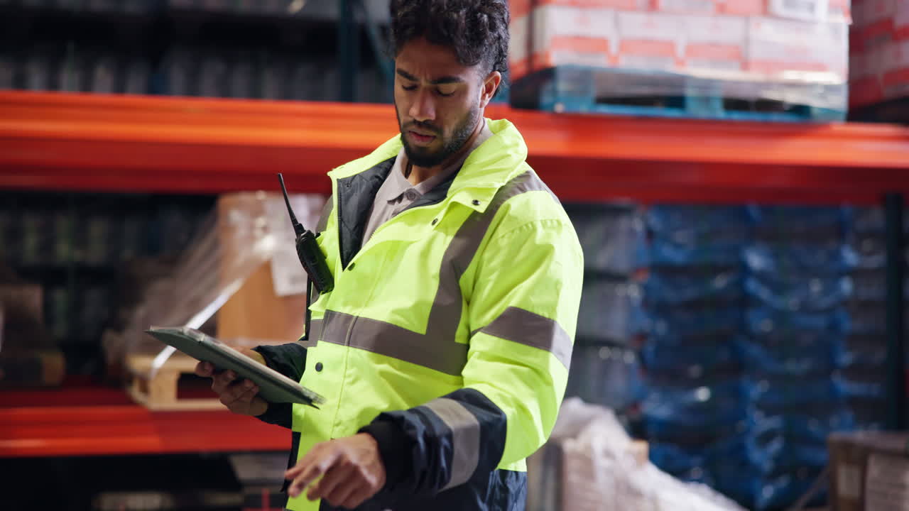 Operaio di magazzino con giacca ad alta visibilità che usa un tablet digitale