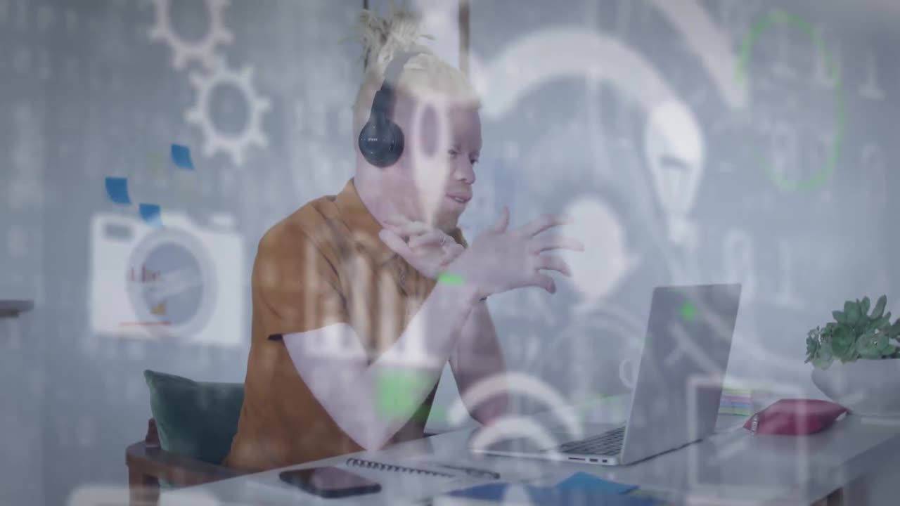 사무실에서 알비노 아프리카계 미국인 사업가에 대한 데이터 처리 애니메이션