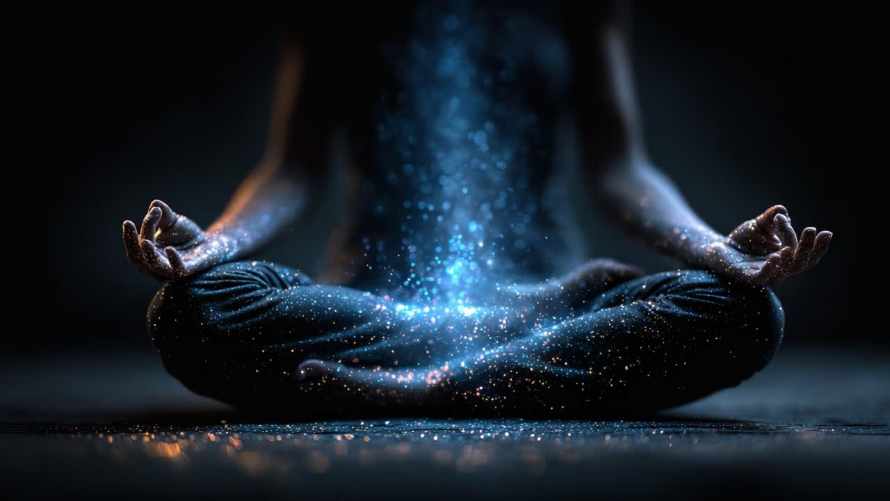 A Meditative Figure Surrounded by Ethereal Light and Sparkles, Illustrating the Harmony Between Body and Mind Through Vibrant Energy in a Calm Atmosphere