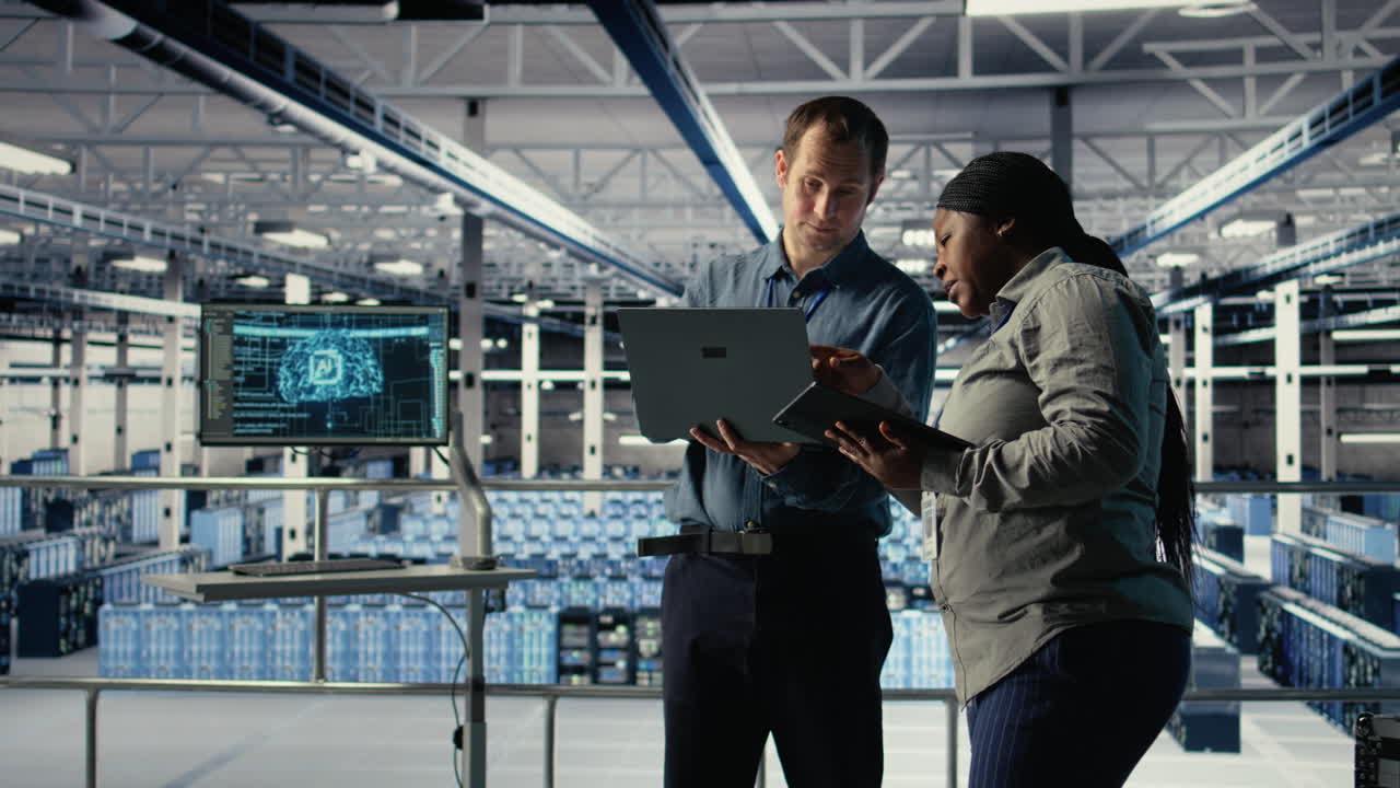 Team Of Data Center Programmers Monitoring Deep Learning Processes With Laptop