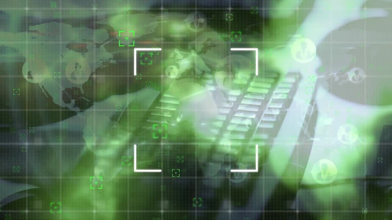 animación de redes de conexiones y mapa del mundo sobre el hombre caucásico escribiendo en el teclado