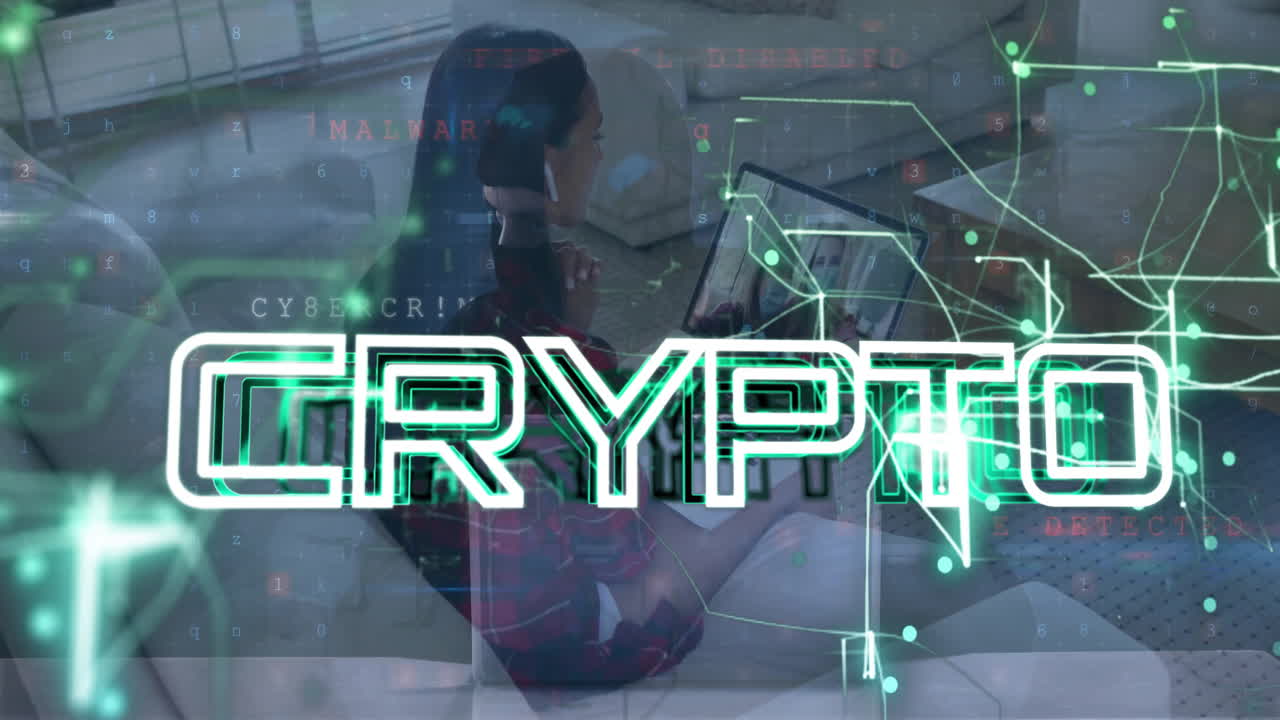 Animation of crypto text over data processing and connections over biracial woman using laptop
