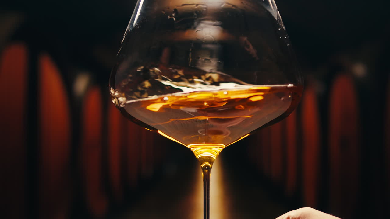 Orange or white wine bottle and glass against a sunset in a peaceful vineyard, pouring of ecological natural wine.