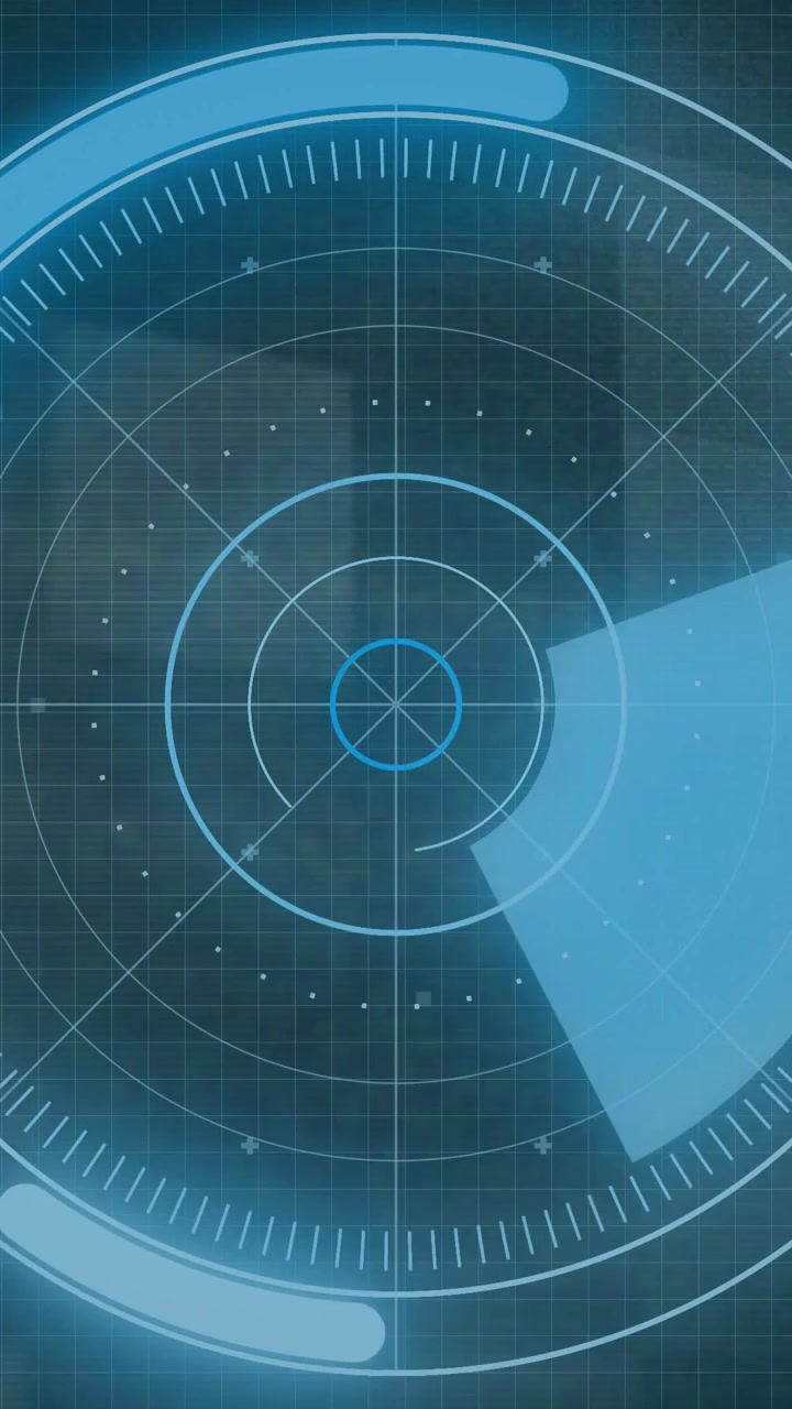 Video verticale: Interfaccia utente radar circolare che riceve un segno di spunta di progresso, con uno sweep rotante che rivela obiettivi a griglia.
