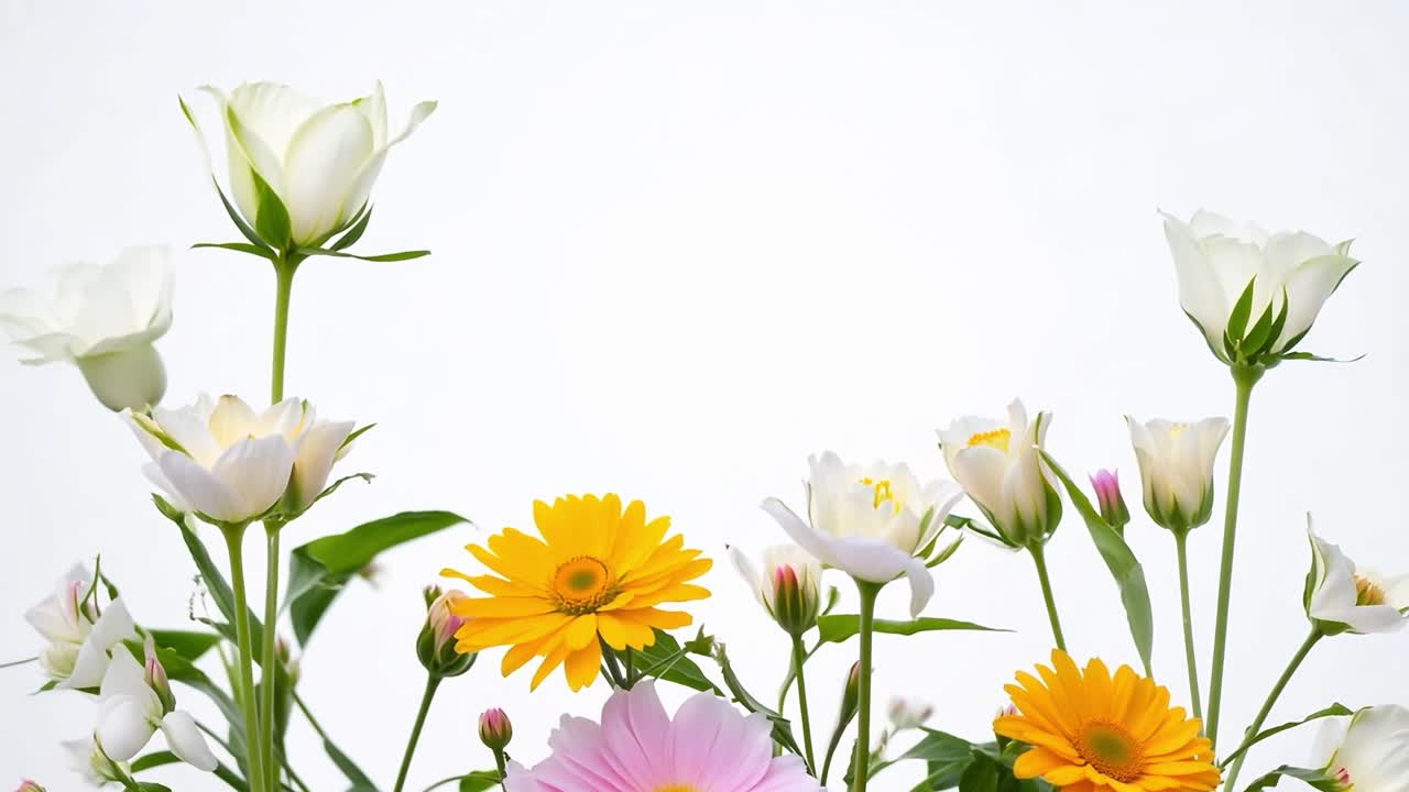 un colorido ramo de flores crece contra un fondo blanco puro, mostrando flores vibrantes y pétalos frescos en la belleza de la primavera