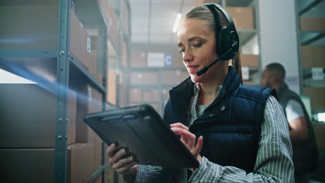 trabajador de almacén que utiliza tableta y auriculares