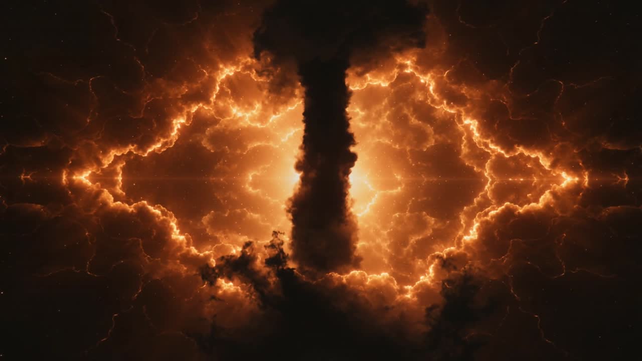Núcleo brillante pulsante que causa el engrosamiento de una columna oscura, con alas gemelas destellando y chispas flotando en el vacío.