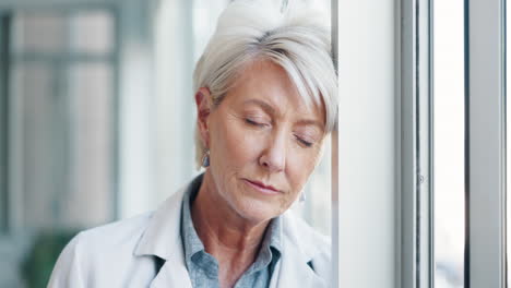 stress, woman or doctor thinking at window