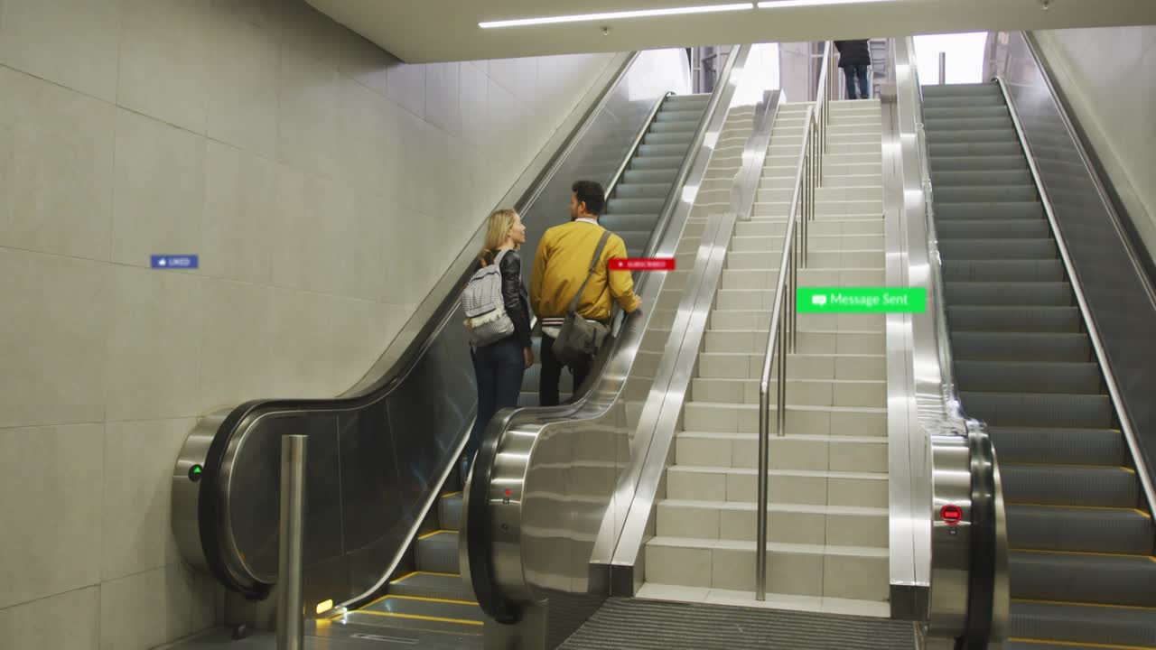 Woman with pack and man in yellow coat boarding escalator showing social media labels crowding pair