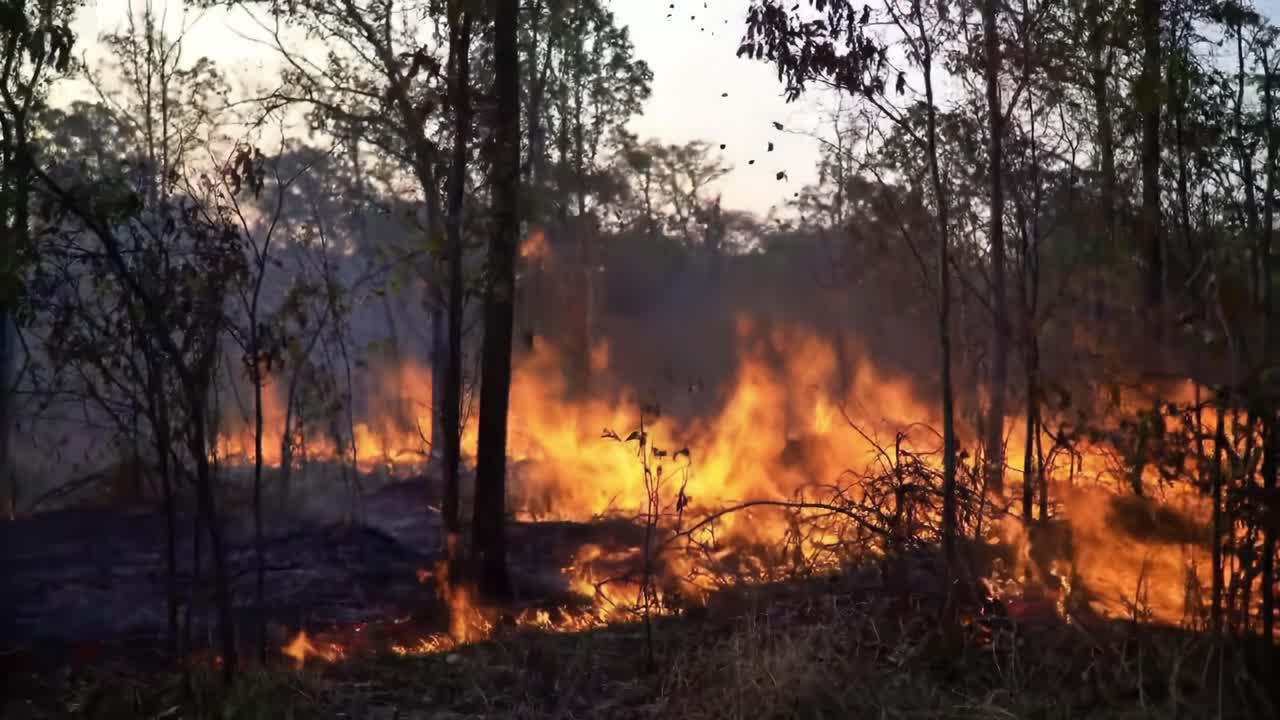Forest Fire Spreads Rapidly in Remote Area During Sunset