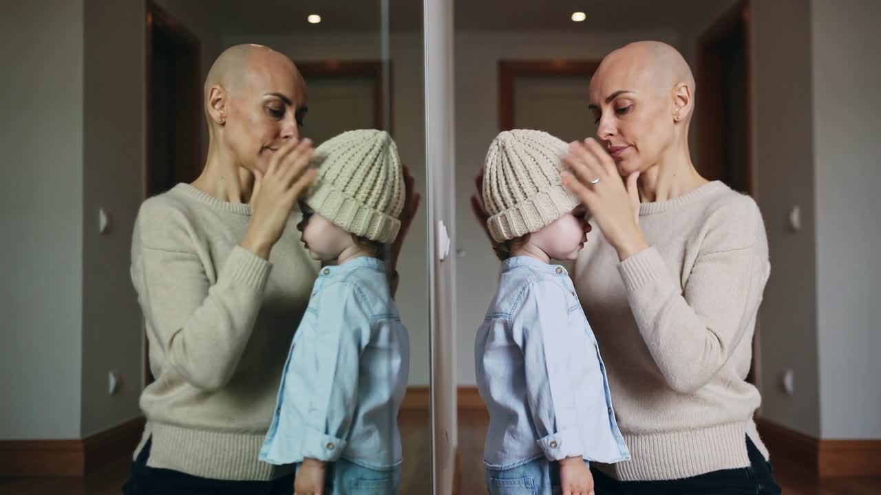 Mor løfter en cremehue og sætter den på sit lille barn ved et gangspejl, iført beige sweater.