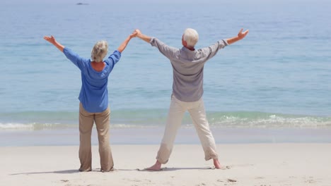 old couple raising arms towards the sun