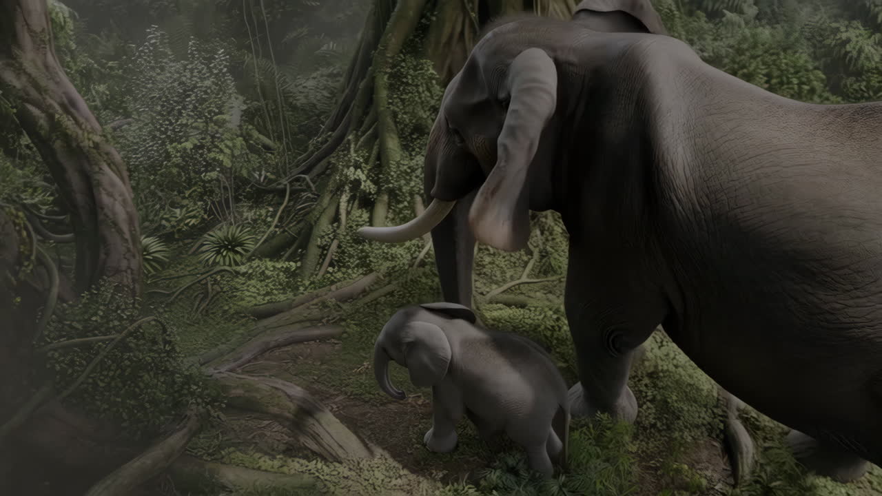 Elephant Mother and Calf in the Dense Jungle