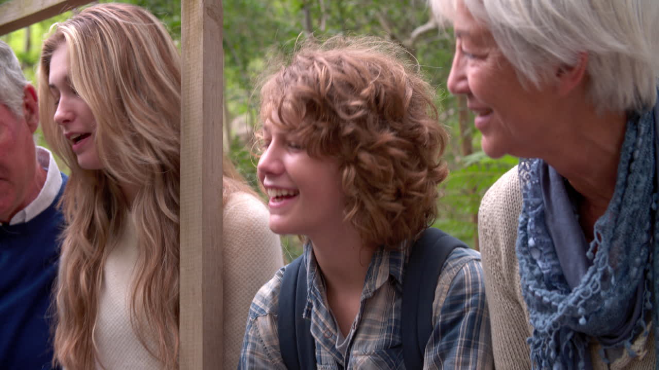 숲 속 의 다리 에 앉아 있는 조부모 와 손자 들