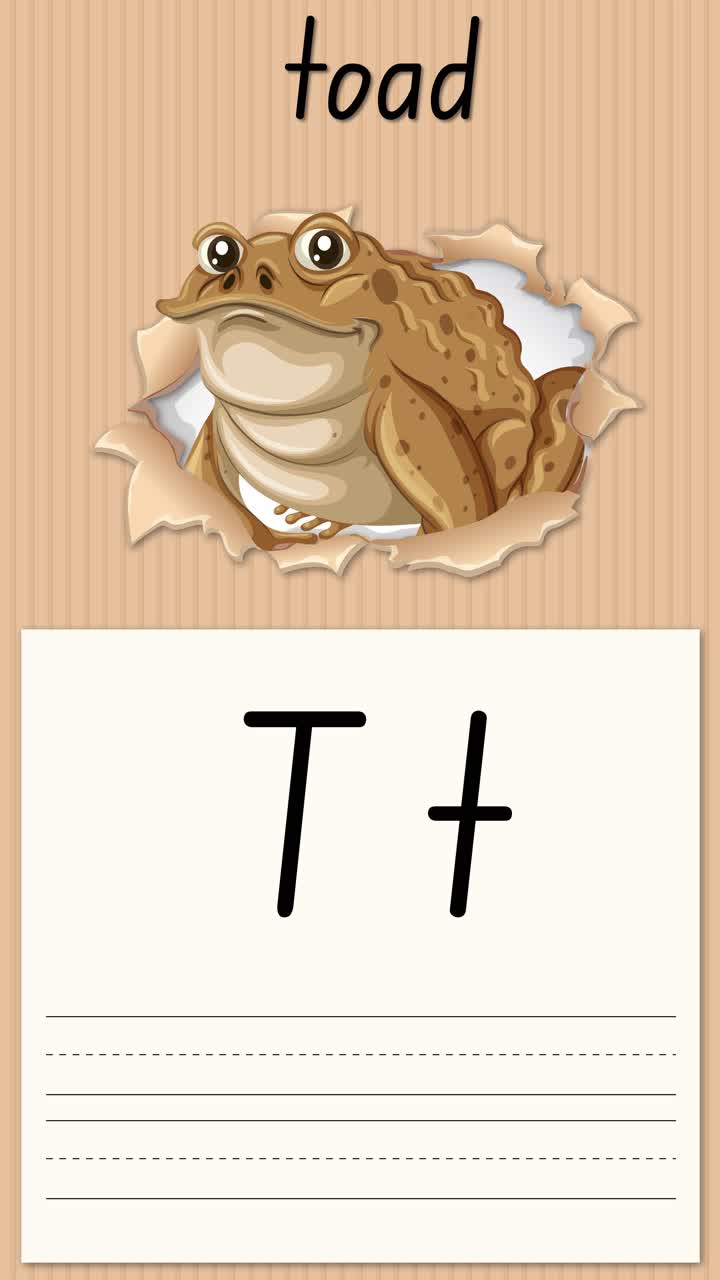 Lezione animata di scrittura insegna la lettera T utilizzando un'illustrazione di un rospo su uno sfondo di carta verticale