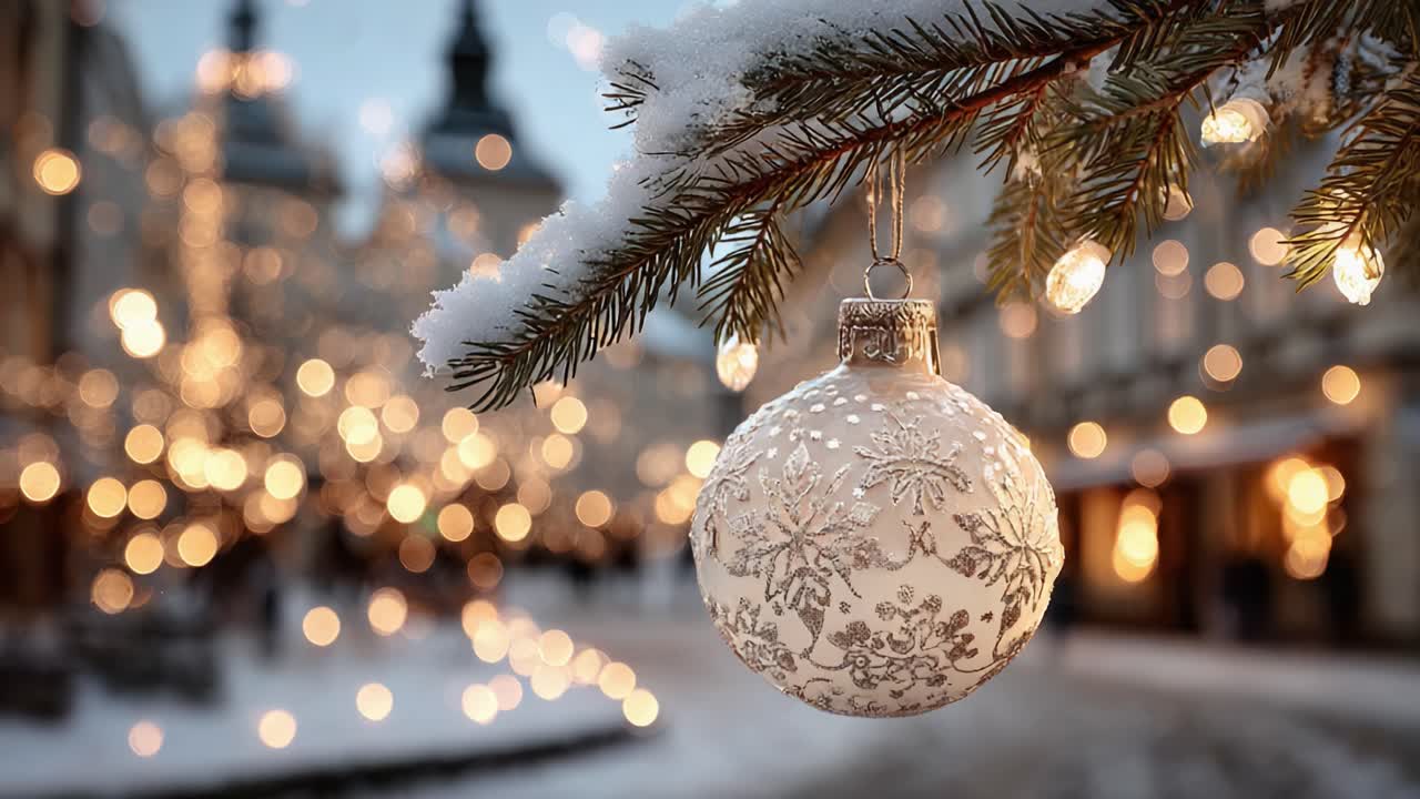 A Beautiful Winter Scene Featuring a Christmas Ornament Hanging from a Pine Branch, Surrounded by Twinkling Lights and Soft Snow, Capturing the Holiday Spirit