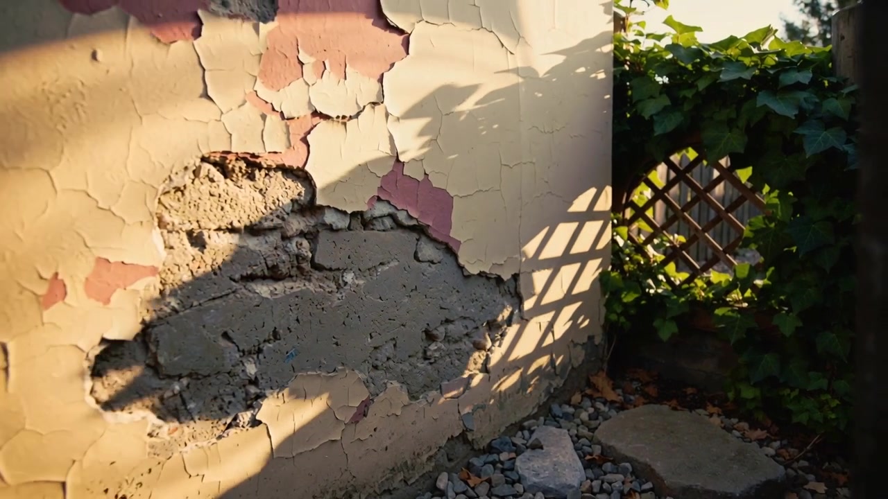 Luce solare cangiante che rivela una toppa di cemento su un muro di intonaco scrostato in cortile, proiettando un'ombra a griglia.