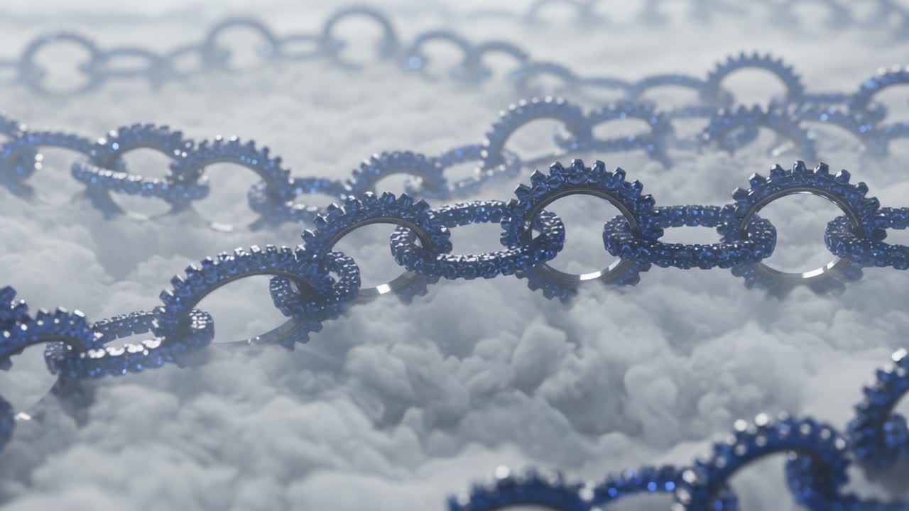 A shimmering blue chain glistens beautifully against a soft cloud backdrop, highlighting the intricate details and sparkling textures that create a mesmerizing visual effect