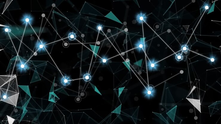 Animation of network of connections with glowing spots on black background