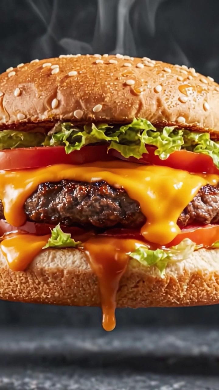 Cheeseburger deliziosamente succoso con formaggio fuso, lattuga fresca e fette di pomodoro piccanti, presentato in un'immagine ravvicinata da far venire l'acquolina in bocca