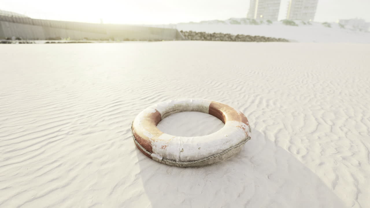 Lifebuoy resting on sandy beach at sunrise in calm coastal setting